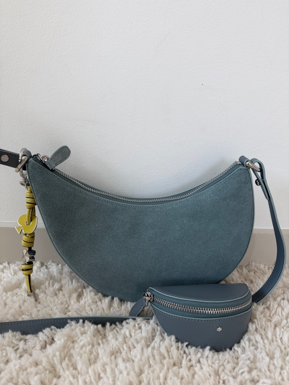 kate spade Teal Suede Crescent Shoulder Bag with Yellow Charm